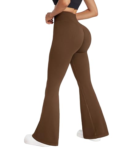RXRXCOCO Damen High Waist Schlaghose Yoga Hose Flared Leggings Bootcut Hose Push Up Scrunch Booty Lang Sporthose Laufhose Brown M von RXRXCOCO