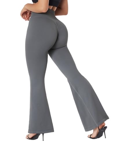 RXRXCOCO Damen High Waist Schlaghose Yoga Hose Flared Leggings Bootcut Hose Push Up Scrunch Booty Lang Sporthose Laufhose Grau M von RXRXCOCO