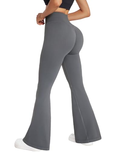 RXRXCOCO Damen High Waist Schlaghose Yoga Hose Flared Leggings Bootcut Hose Push Up Scrunch Booty Lang Sporthose Laufhose Grau XL von RXRXCOCO