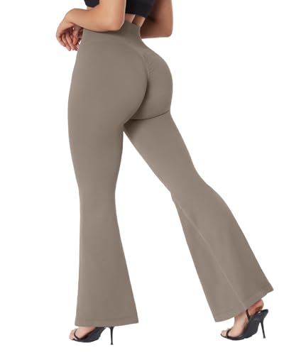 RXRXCOCO Damen High Waist Schlaghose Yoga Hose Flared Leggings Bootcut Hose Push Up Scrunch Booty Lang Sporthose Laufhose Milchig Braun L von RXRXCOCO