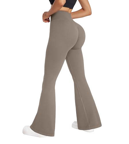 RXRXCOCO Damen High Waist Schlaghose Yoga Hose Flared Leggings Bootcut Hose Push Up Scrunch Booty Lang Sporthose Laufhose Milchig Braun M von RXRXCOCO