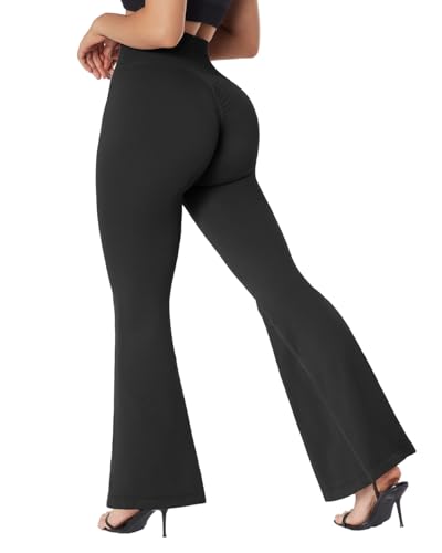 RXRXCOCO Damen High Waist Schlaghose Yoga Hose Flared Leggings Bootcut Hose Push Up Scrunch Booty Lang Sporthose Laufhose Schwarz L von RXRXCOCO