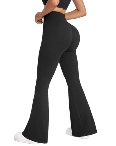 RXRXCOCO Damen High Waist Schlaghose Yoga Hose Flared Leggings Bootcut Hose Push Up Scrunch Booty Lang Sporthose Laufhose Schwarz M von RXRXCOCO