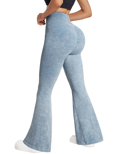 RXRXCOCO Damen High Waist Schlaghose Yoga Hose Flared Leggings Bootcut Hose Push Up Scrunch Booty Lang Sporthose Laufhose Seeblau M von RXRXCOCO