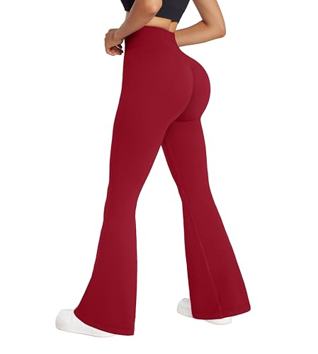 RXRXCOCO Damen High Waist Schlaghose Yoga Hose Flared Leggings Bootcut Hose Push Up Scrunch Booty Lang Sporthose Laufhose Stumpfes Rot M von RXRXCOCO