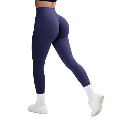 RXRXCOCO Damen Invisible Scrunch Butt Gym Sport Leggings High Waist Yoga Legging Booty Workout Leggings Booty Lifting Po Push Up Sporthose mit Taschen Blau L von RXRXCOCO