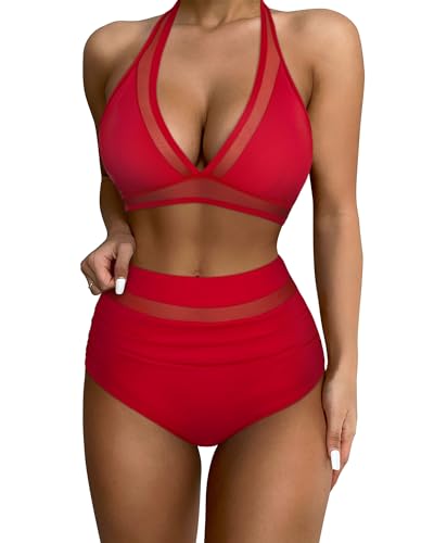 RXRXCOCO Damen Mesh Neckholder Rückenfrei Bauchweg High Waist Bikini Set Push Up Sexy V Ausschnitt Zweiteiliger Badeanzüge Bademode Rot Size L von RXRXCOCO