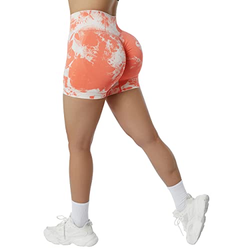 RXRXCOCO Damen Scrunch Butt Push Up Gym Sport Shorts Seamless Booty Kurze Sporthose Laufhose Radlerhose Orangefarbene Batikfarbe Size L von RXRXCOCO