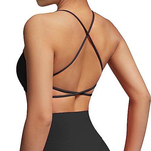 RXRXCOCO Damen Sport BH Rückenfrei Gekreuzt Spaghettiträger Gepolstert Sports Bra Ohne Bügel Dünne Träger Sport Bustier Schwarz M von RXRXCOCO