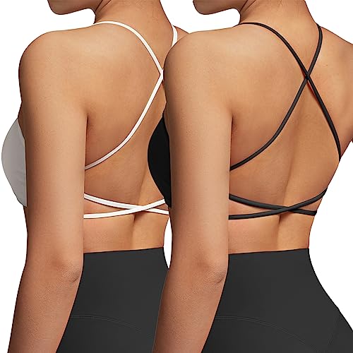 RXRXCOCO Damen Sport BH Rückenfrei Gekreuzt Spaghettiträger Gepolstert Sports Bra Ohne Bügel Dünne Träger Sport Bustier Schwarz Weiß M von RXRXCOCO