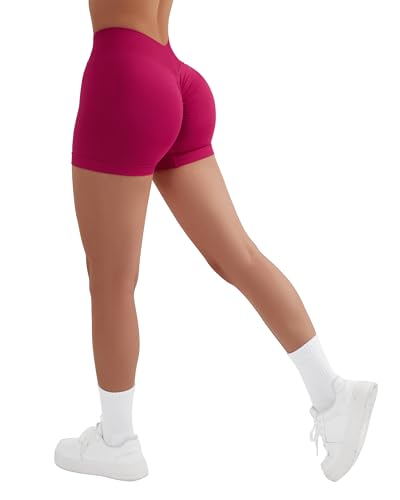 RXRXCOCO Damen V Rücken Scrunch Butt Push Up Gym Sport Shorts Nahtlose Bauchweg Booty Kurze Sporthose Laufhose Rot Size L von RXRXCOCO