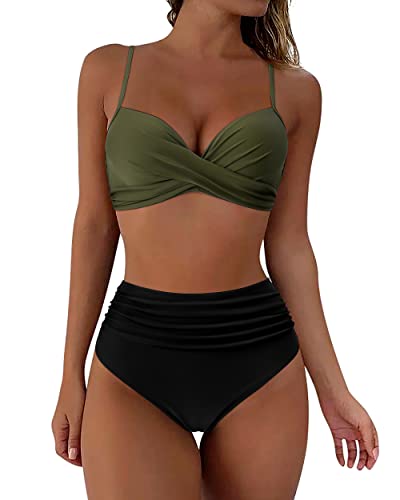 RXRXCOCO Damen Wickel Push Up Bikini Oberteil Bauchweg High Waist Bikini Set Bademode Armeegrün Schwarz Size M von RXRXCOCO