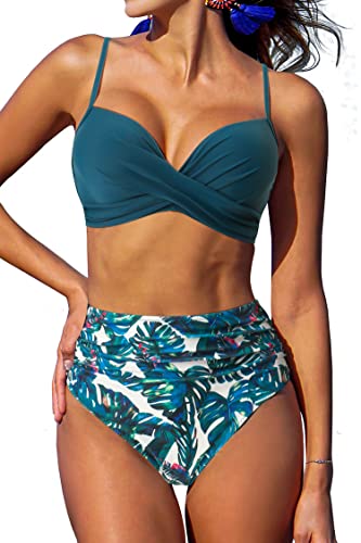 RXRXCOCO Damen Wickel Push Up Bikini Oberteil Bauchweg High Waist Bikini Set Bademode Blau Geblümt Size L von RXRXCOCO