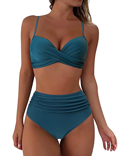 RXRXCOCO Damen Wickel Push Up Bikini Oberteil Bauchweg High Waist Bikini Set Bademode Blau Size S von RXRXCOCO