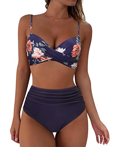 RXRXCOCO Damen Wickel Push Up Bikini Oberteil Bauchweg High Waist Bikini Set Bademode Blaue Blume Size L von RXRXCOCO