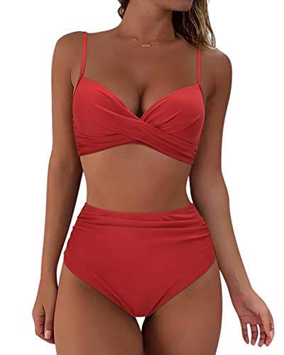 RXRXCOCO Damen Wickel Push Up Bikini Oberteil Bauchweg High Waist Bikini Set Bademode Rot Size L von RXRXCOCO