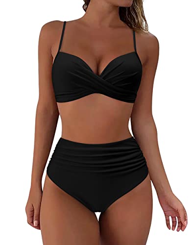 RXRXCOCO Damen Wickel Push Up Bikini Oberteil Bauchweg High Waist Bikini Set Bademode Schwarz Size L von RXRXCOCO