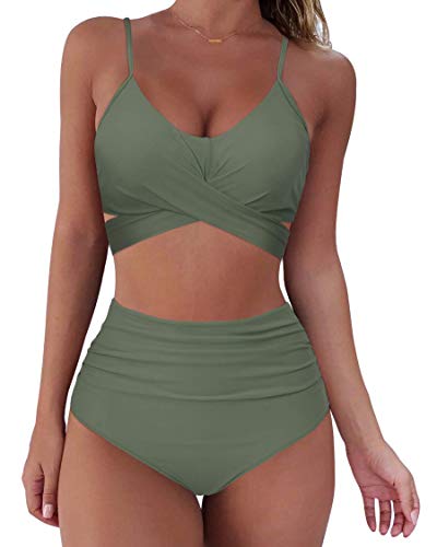 RXRXCOCO Damen Wickel Push Up Bikini Oberteil mit Bauchweg High Waist Bikini Set Bademode Armeegrün Size L von RXRXCOCO