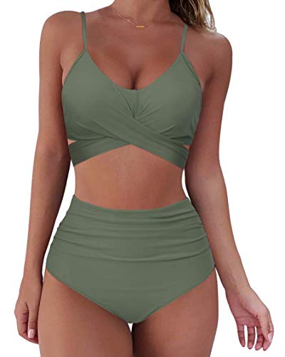 RXRXCOCO Damen Wickel Push Up Bikini Oberteil mit Bauchweg High Waist Bikini Set Bademode Armeegrün Size S von RXRXCOCO