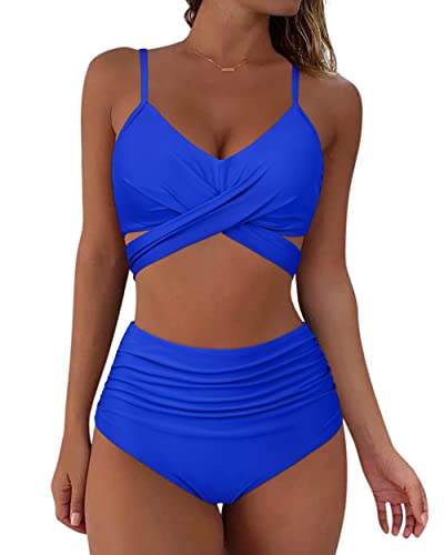 RXRXCOCO Damen Wickel Push Up Bikini Oberteil mit Bauchweg High Waist Bikini Set Bademode Blau Size M von RXRXCOCO