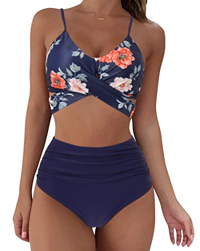 RXRXCOCO Damen Wickel Push Up Bikini Oberteil mit Bauchweg High Waist Bikini Set Bademode Blume Blau Size L von RXRXCOCO