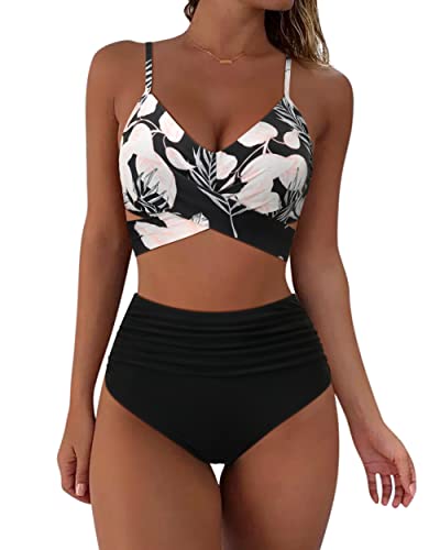 RXRXCOCO Damen Wickel Push Up Bikini Oberteil mit Bauchweg High Waist Bikini Set Bademode Blume Schwarz Size L von RXRXCOCO