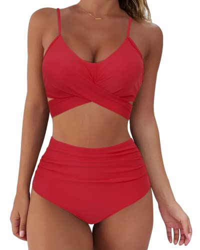 RXRXCOCO Damen Wickel Push Up Bikini Oberteil mit Bauchweg High Waist Bikini Set Bademode Rot Size XL von RXRXCOCO