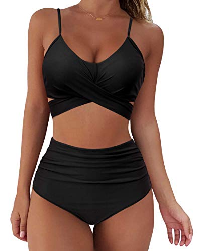 RXRXCOCO Damen Wickel Push Up Bikini Oberteil mit Bauchweg High Waist Bikini Set Bademode Schwarz Size XL von RXRXCOCO