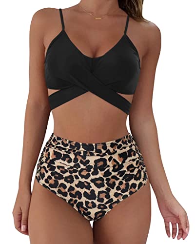 RXRXCOCO Damen Wickel Push Up Bikini Oberteil mit Bauchweg High Waist Bikini Set Bademode Schwarzes Leopardenmuster Size M von RXRXCOCO