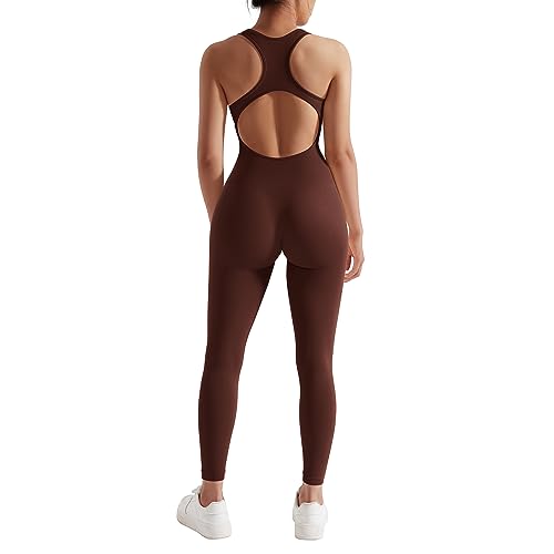 RXRXCOCO Gerippte Ärmellos Jumpsuits Damen Lang Eng Tank Rückenfreie Padded Einteiler Bauchweg Sport Yoga Overall Romper Braun M von RXRXCOCO