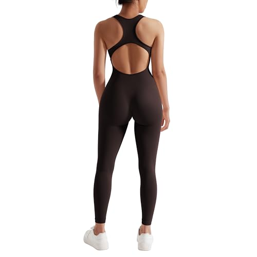 RXRXCOCO Gerippte Ärmellos Jumpsuits Damen Lang Eng Tank Rückenfreie Padded Einteiler Bauchweg Sport Yoga Overall Romper DunkelBraun M von RXRXCOCO