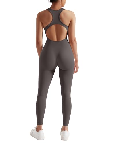 RXRXCOCO Gerippte Ärmellos Jumpsuits Damen Lang Eng Tank Rückenfreie Padded Einteiler Bauchweg Sport Yoga Overall Romper Grau S von RXRXCOCO