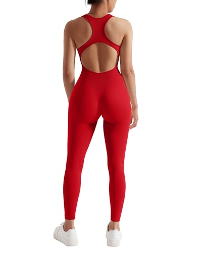 RXRXCOCO Gerippte Ärmellos Jumpsuits Damen Lang Eng Tank Rückenfreie Padded Einteiler Bauchweg Sport Yoga Overall Romper Rot S von RXRXCOCO