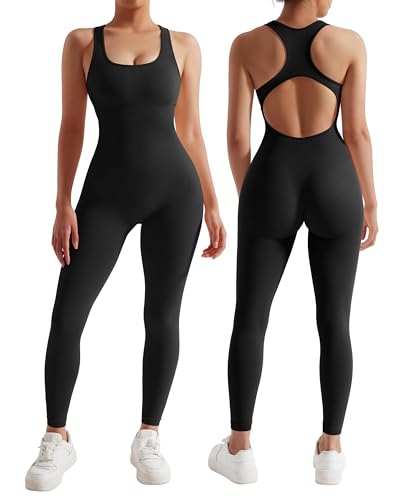 RXRXCOCO Gerippte Ärmellos Jumpsuits Damen Lang Eng Tank Rückenfreie Padded Einteiler Bauchweg Sport Yoga Overall Romper Schwarz L von RXRXCOCO