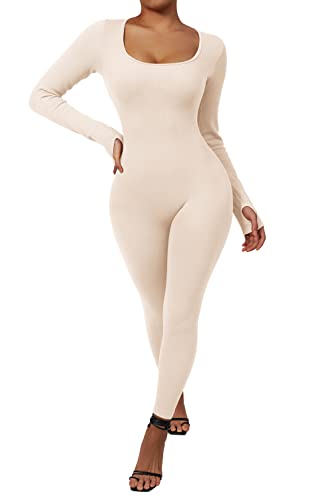 RXRXCOCO Gerippte Langarm Jumpsuits Damen Eng Square Neck Einteiler Bauchweg Sport Yoga Overall Romper Aprikose M von RXRXCOCO