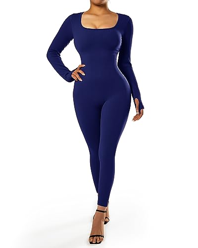 RXRXCOCO Gerippte Langarm Jumpsuits Damen Eng Square Neck Einteiler Bauchweg Sport Yoga Overall Romper Braun M von RXRXCOCO