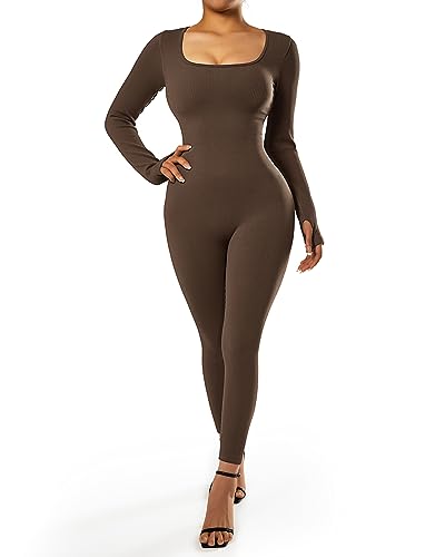 RXRXCOCO Gerippte Langarm Jumpsuits Damen Eng Square Neck Einteiler Bauchweg Sport Yoga Overall Romper Schokoladen Kaffee L von RXRXCOCO