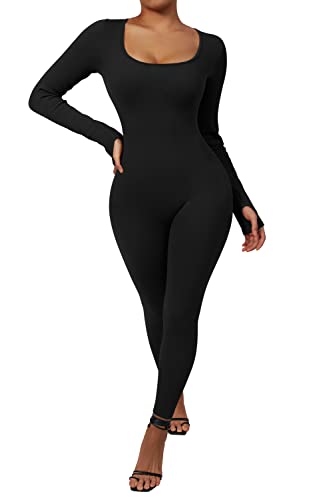 RXRXCOCO Gerippte Langarm Jumpsuits Damen Eng Square Neck Einteiler Bauchweg Sport Yoga Overall Romper Schwarz L von RXRXCOCO