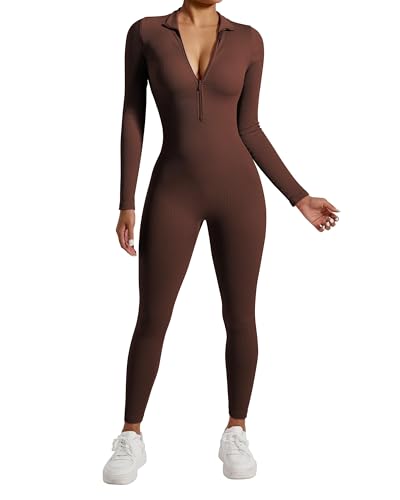 RXRXCOCO Gerippte Langarm Jumpsuits Damen mit Reißverschluss Eng Rundhalsausschnitt Einteiler Bauchweg Sport Yoga Overall Romper Braun L von RXRXCOCO