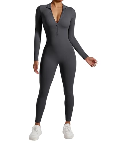 RXRXCOCO Gerippte Langarm Jumpsuits Damen mit Reißverschluss Eng Rundhalsausschnitt Einteiler Bauchweg Sport Yoga Overall Romper Graphit Grau XL von RXRXCOCO