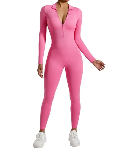 RXRXCOCO Gerippte Langarm Jumpsuits Damen mit Reißverschluss Eng Rundhalsausschnitt Einteiler Bauchweg Sport Yoga Overall Romper Rose Rosa L von RXRXCOCO