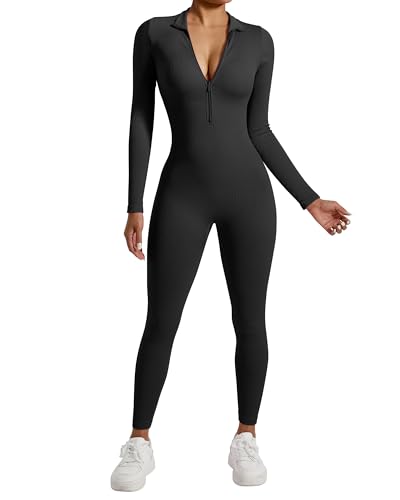 RXRXCOCO Gerippte Langarm Jumpsuits Damen mit Reißverschluss Eng Rundhalsausschnitt Einteiler Bauchweg Sport Yoga Overall Romper Schwarz M von RXRXCOCO