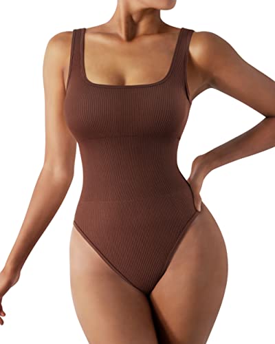 RXRXCOCO Gerippte Shapewear Damen Body Square Neck Tanga Rückenfreie Shapewear Bauchweg Stark Formend Tank Bodysuit Body Shaper Braun XL von RXRXCOCO