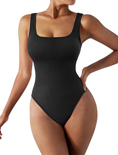 RXRXCOCO Gerippte Shapewear Damen Body Square Neck Tanga Rückenfreie Shapewear Bauchweg Stark Formend Tank Bodysuit Body Shaper Schwarz L von RXRXCOCO