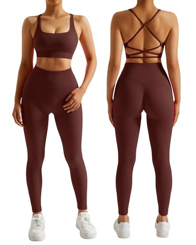 RXRXCOCO Gerippte Sport Set Damen Gym Workout Set Rückenfrei Oberteil Nahtlose Leggings Outfit Fitness Kaffee S von RXRXCOCO