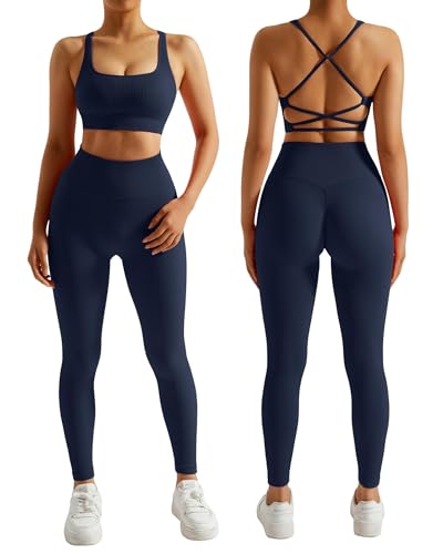 RXRXCOCO Gerippte Sport Set Damen Gym Workout Set Rückenfrei Oberteil Nahtlose Leggings Outfit Fitness Marine M von RXRXCOCO
