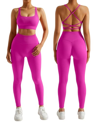 RXRXCOCO Gerippte Sport Set Damen Gym Workout Set Rückenfrei Oberteil Nahtlose Leggings Outfit Fitness Rosa M von RXRXCOCO
