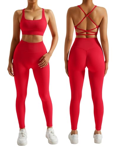 RXRXCOCO Gerippte Sport Set Damen Gym Workout Set Rückenfrei Oberteil Nahtlose Leggings Outfit Fitness Rot M von RXRXCOCO
