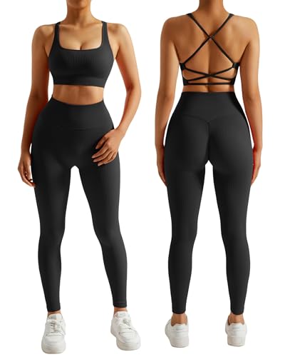 RXRXCOCO Gerippte Sport Set Damen Gym Workout Set Rückenfrei Oberteil Nahtlose Leggings Outfit Fitness Schwarz L von RXRXCOCO