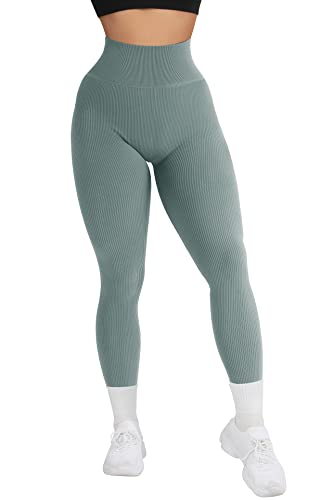 RXRXCOCO High Waist Gerippte Sport Leggings Damen Lang Blickdicht Nahtlose Kompressions Sporthose Gym figurbetonte Laufhose von RXRXCOCO